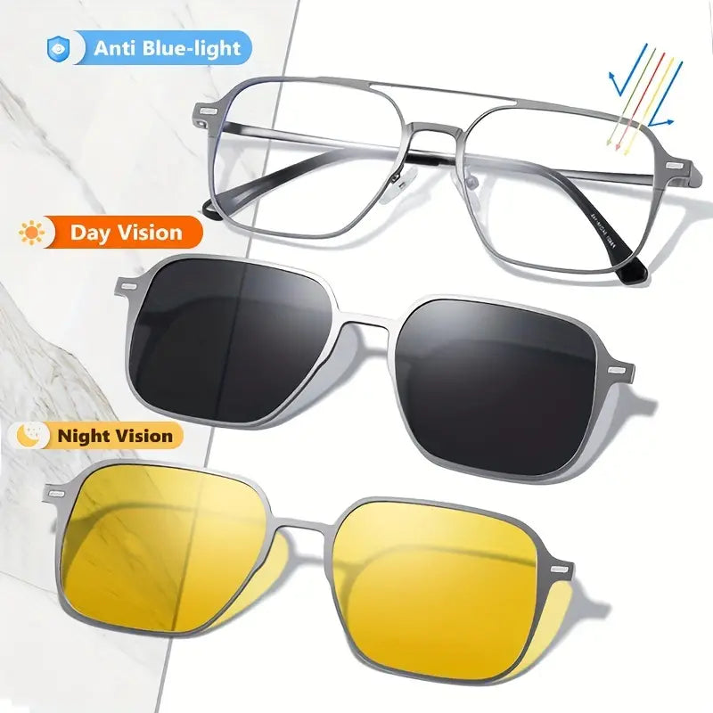 Prix :  21 000 CFA ----- Métal 3 En 1 Nouveau Style Aimant Clip Sur Lunettes Cadre Tendance Lunettes De Soleil Polarisées Pour Hommes Femmes Lunettes D'ordinateur UV400